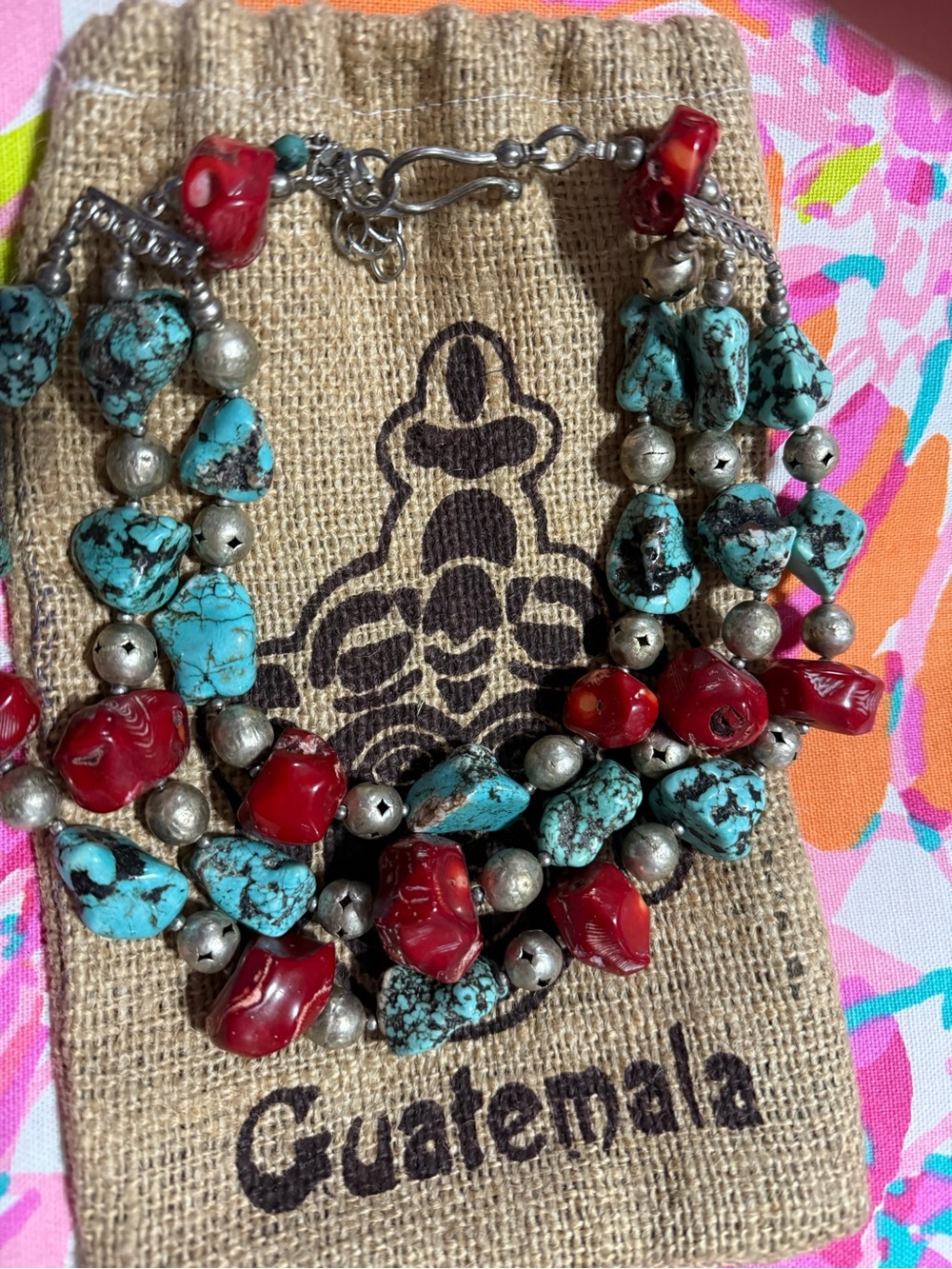 Turquoise & Red Multi-Strand Statement Necklace - Guatemala